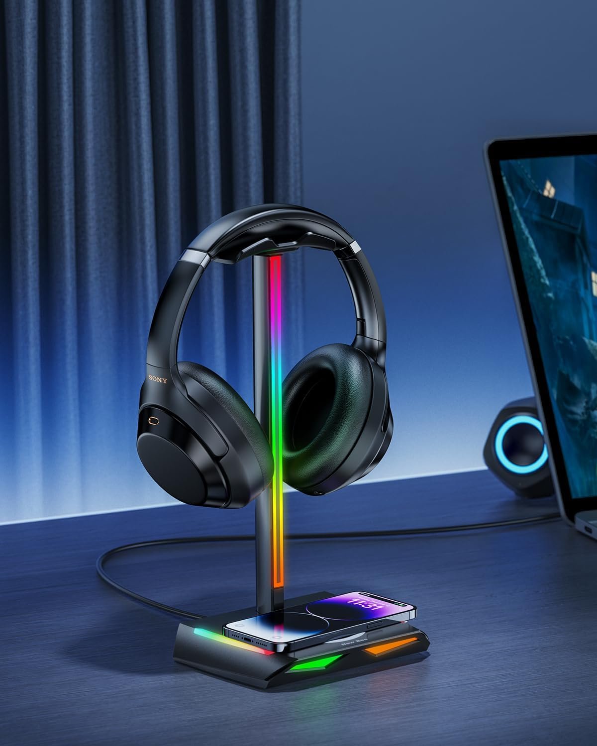 New bee RGB Headphone Stand with 2 USB-C & 1 USB Charging Ports, Desk Gaming Headset Holder with 7 Light Modes and Non-Slip Rubber Base Suitable for All Earphone Accessories - Image 7