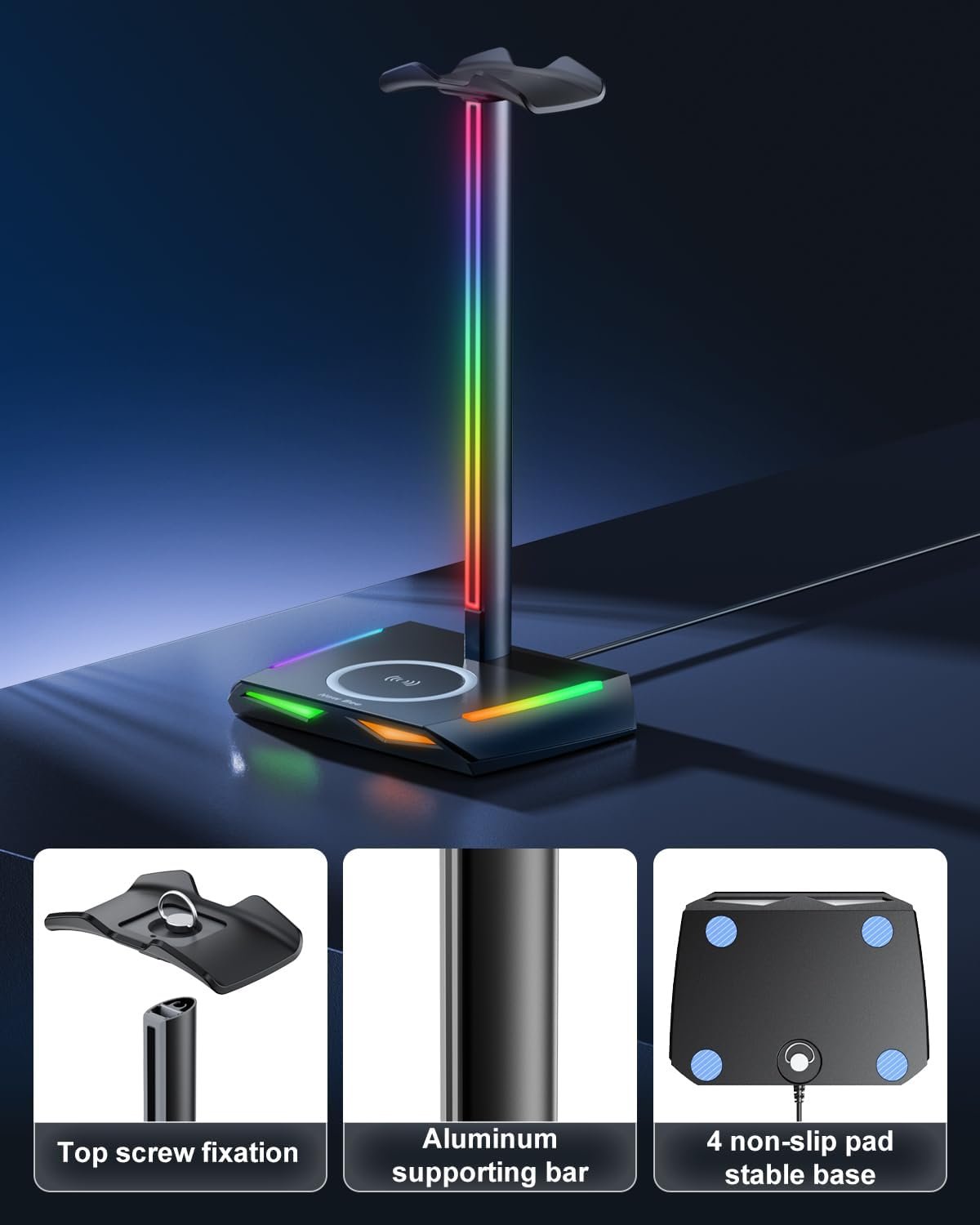 New bee RGB Headphone Stand with 2 USB-C & 1 USB Charging Ports, Desk Gaming Headset Holder with 7 Light Modes and Non-Slip Rubber Base Suitable for All Earphone Accessories - Image 6
