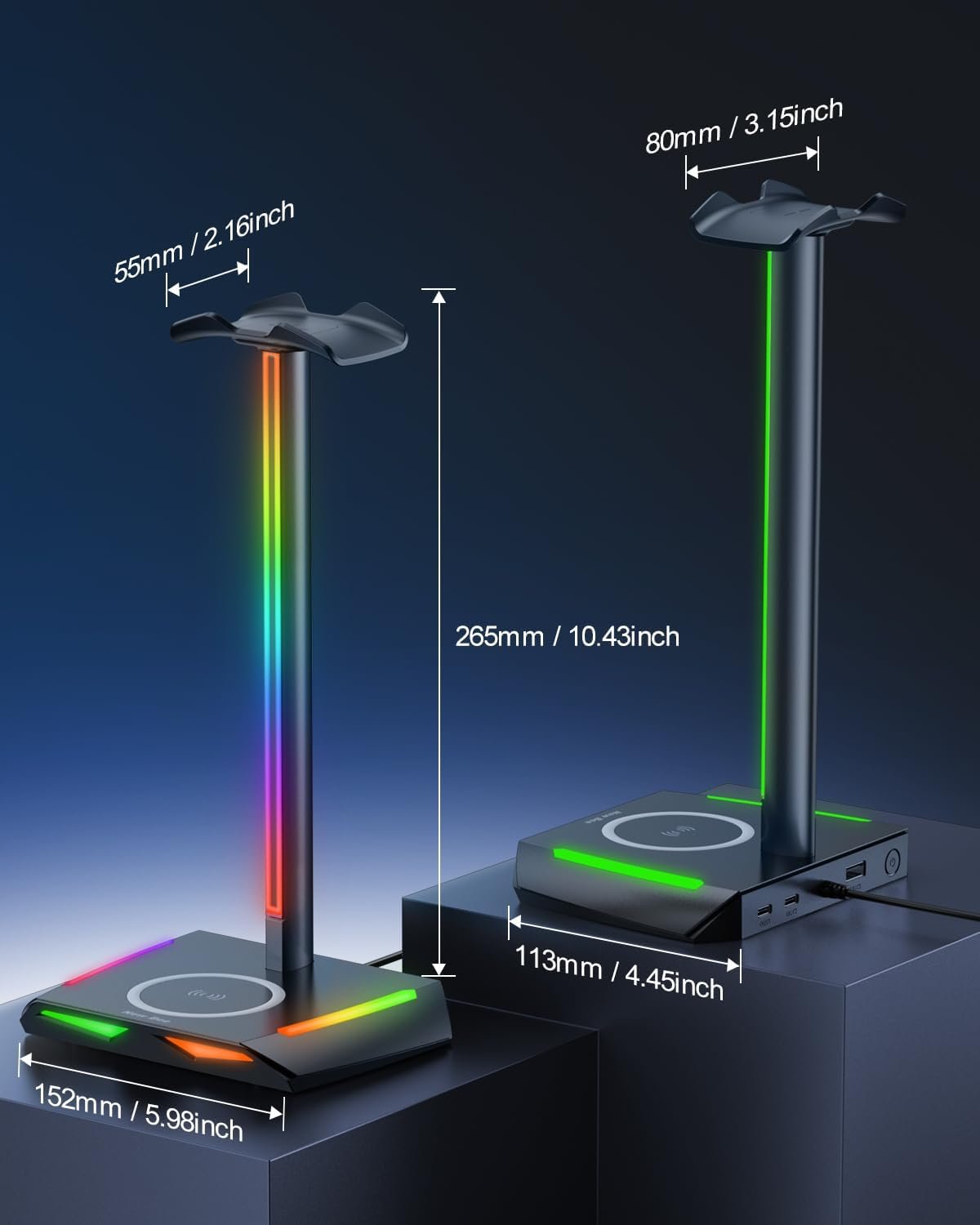 New bee RGB Headphone Stand with 2 USB-C & 1 USB Charging Ports, Desk Gaming Headset Holder with 7 Light Modes and Non-Slip Rubber Base Suitable for All Earphone Accessories - Image 5
