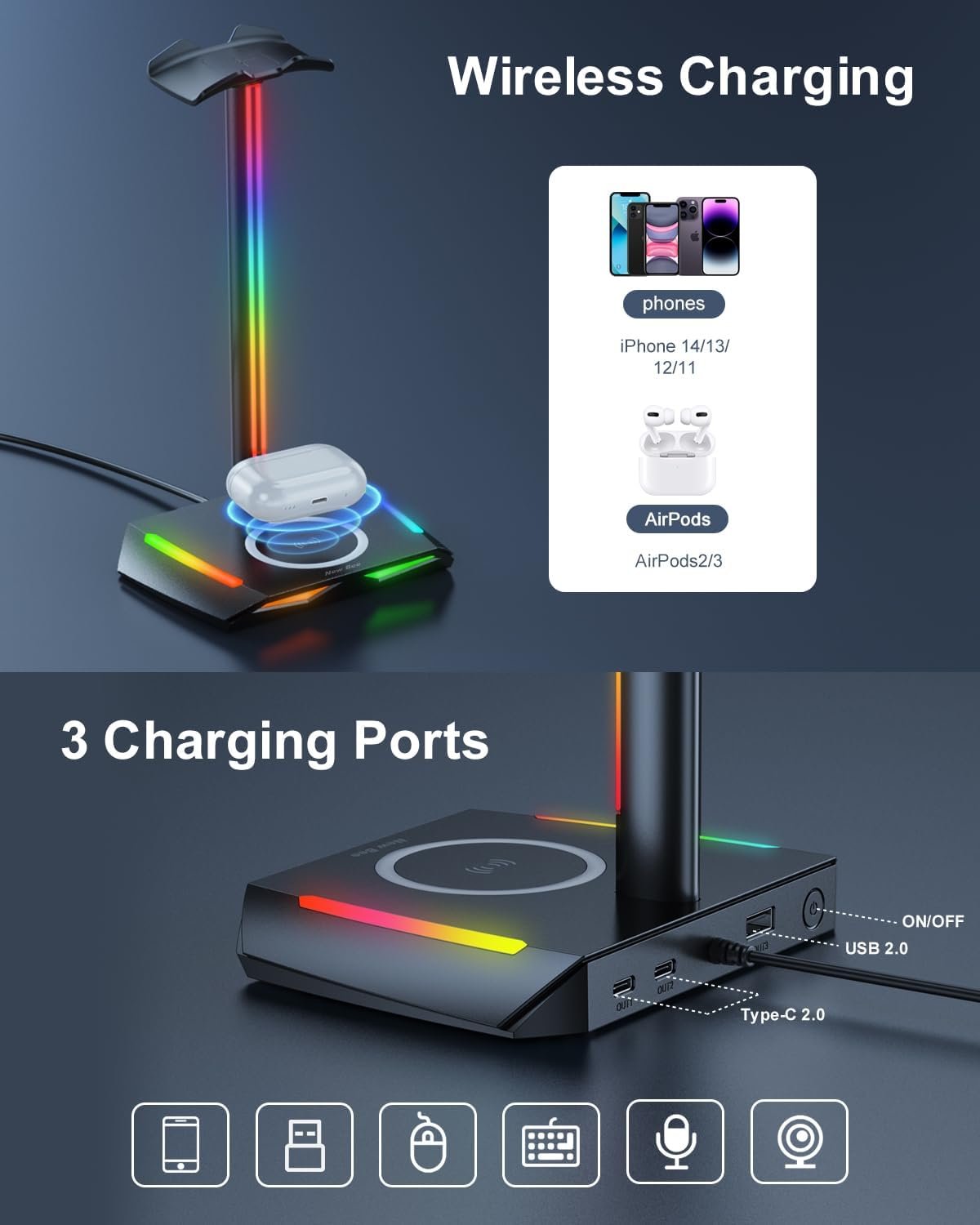 New bee RGB Headphone Stand with 2 USB-C & 1 USB Charging Ports, Desk Gaming Headset Holder with 7 Light Modes and Non-Slip Rubber Base Suitable for All Earphone Accessories - Image 4