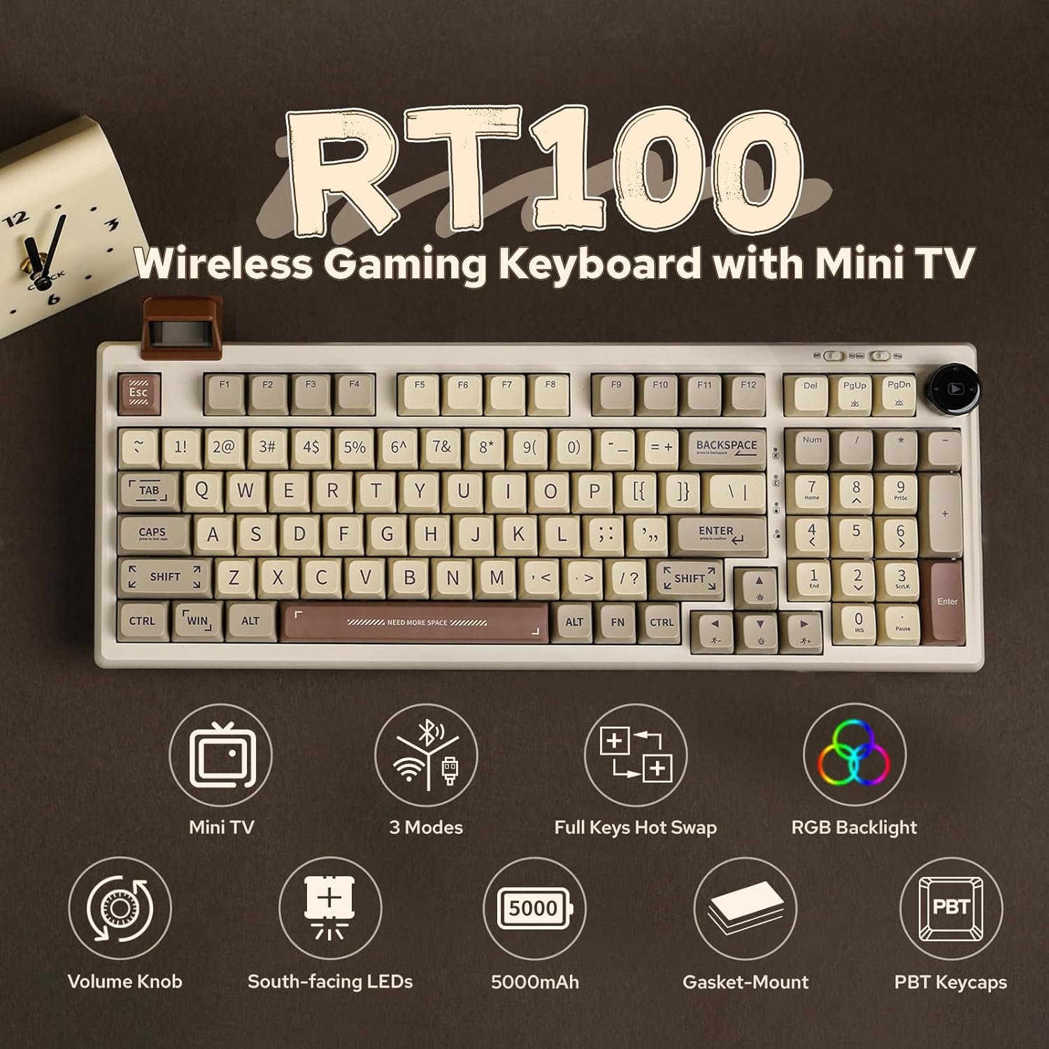 EPOMAKER RT100 Retro Gaming Keyboard with Display Screen, BT5.0/2.4G/USB-C, 97 Keys Gasket Custom Keyboard, Hot Swappable, RGB Backlit, with Knob for Win/Mac (Gateron Pro Yellow) - Image 3