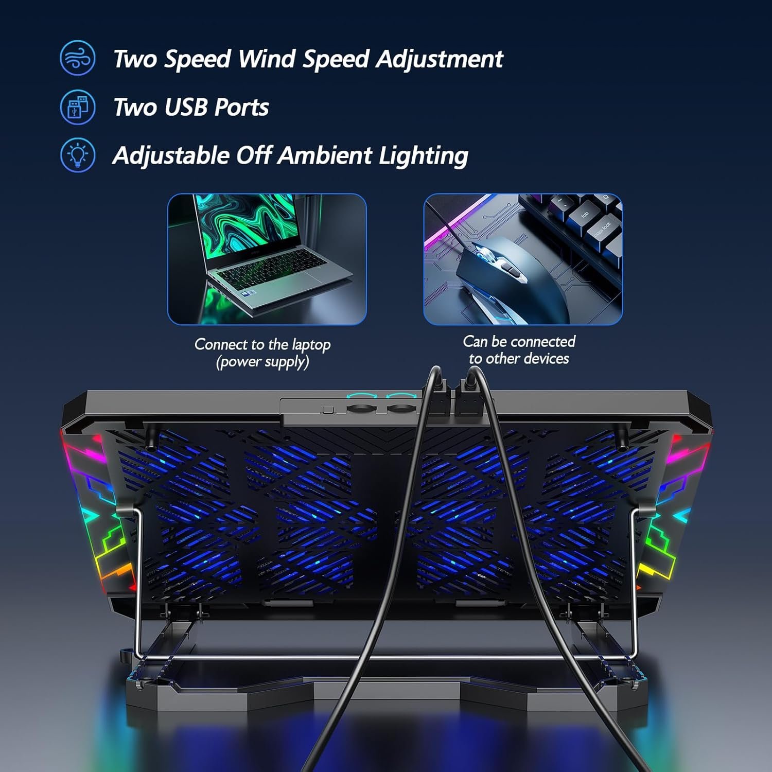 Laptop Cooling Pad with 12 Quiet Fans, Slim Portable for 12-17.3 Inch Laptop Cooler Stand with 5 Height Adjustable, Ergonomic Gaming Cooling Fan Pad with Two USB Ports & Phone Holder (Gear) - Image 7