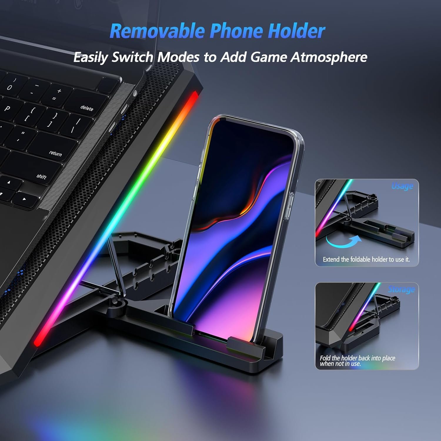 Laptop Cooling Pad with 12 Quiet Fans, Slim Portable for 12-17.3 Inch Laptop Cooler Stand with 5 Height Adjustable, Ergonomic Gaming Cooling Fan Pad with Two USB Ports & Phone Holder (Gear) - Image 9