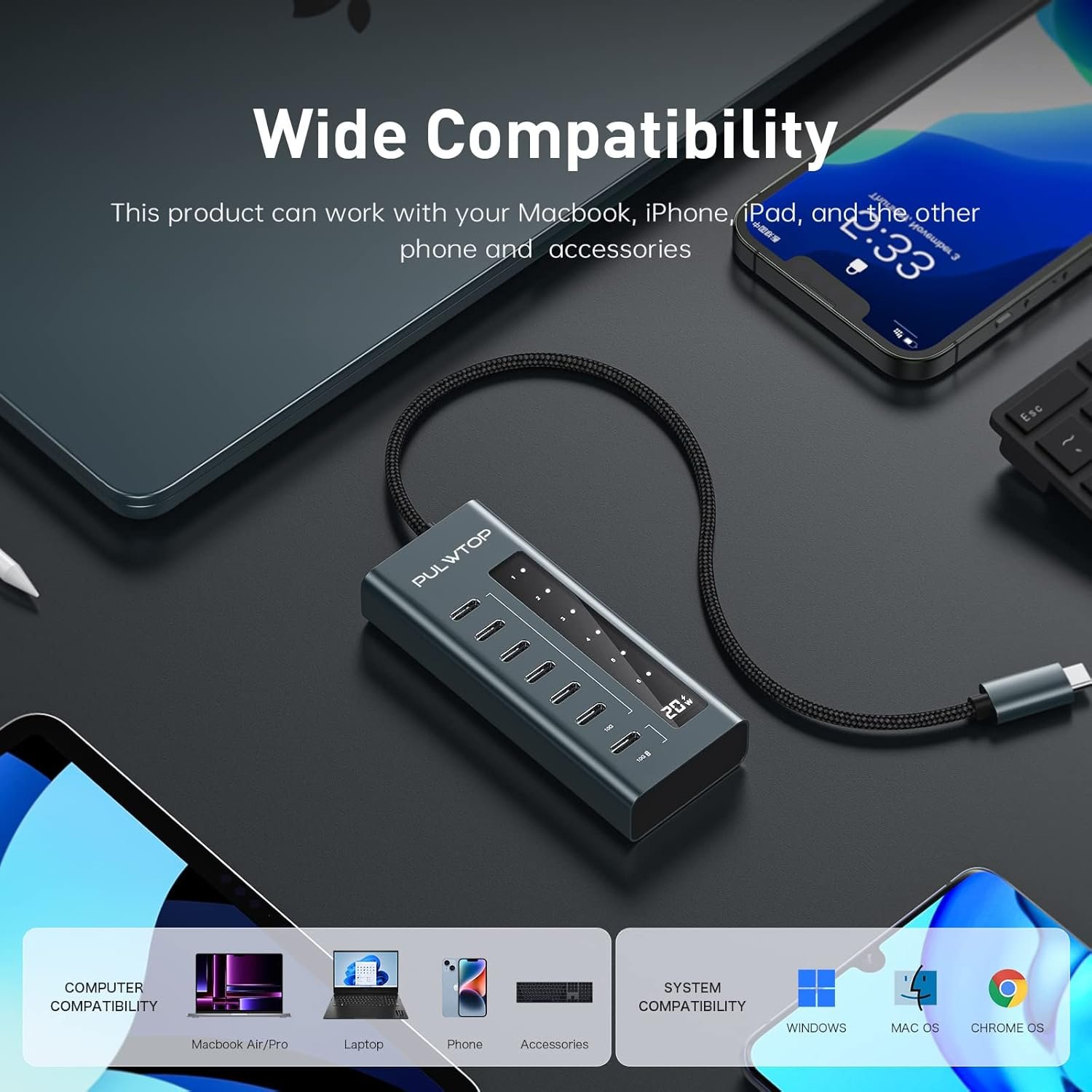 USB C Hub for Laptop, 7 in 1 10Gbps USB Adapter Support Data & Charging(Not Support Video), USB Hub 10Gbps Ports for iMac, MacBook Pro/Air, iPad, XPS, USB Hub Multiport Adapter - Image 6