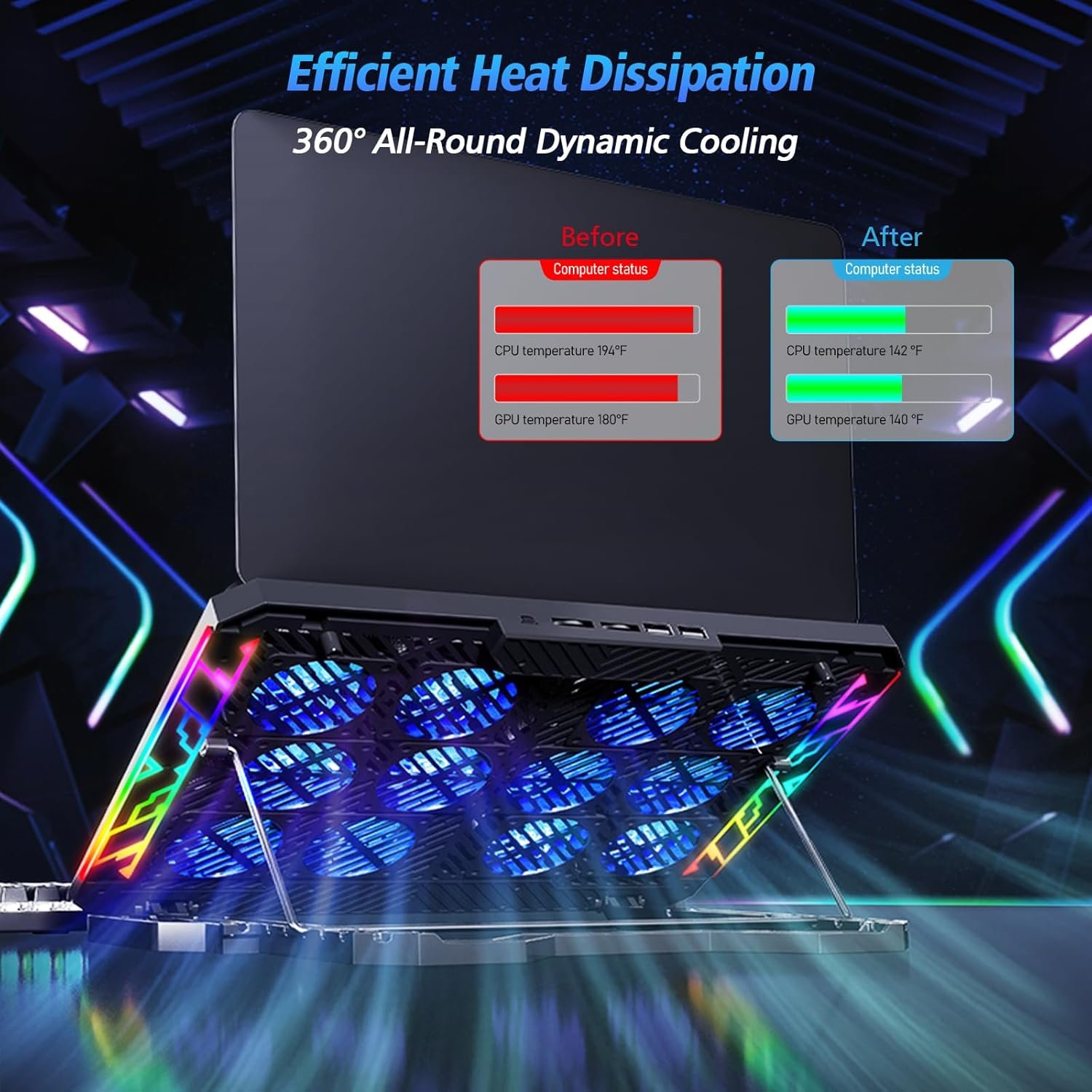 Laptop Cooling Pad with 12 Quiet Fans, Slim Portable for 12-17.3 Inch Laptop Cooler Stand with 5 Height Adjustable, Ergonomic Gaming Cooling Fan Pad with Two USB Ports & Phone Holder (Gear) - Image 4