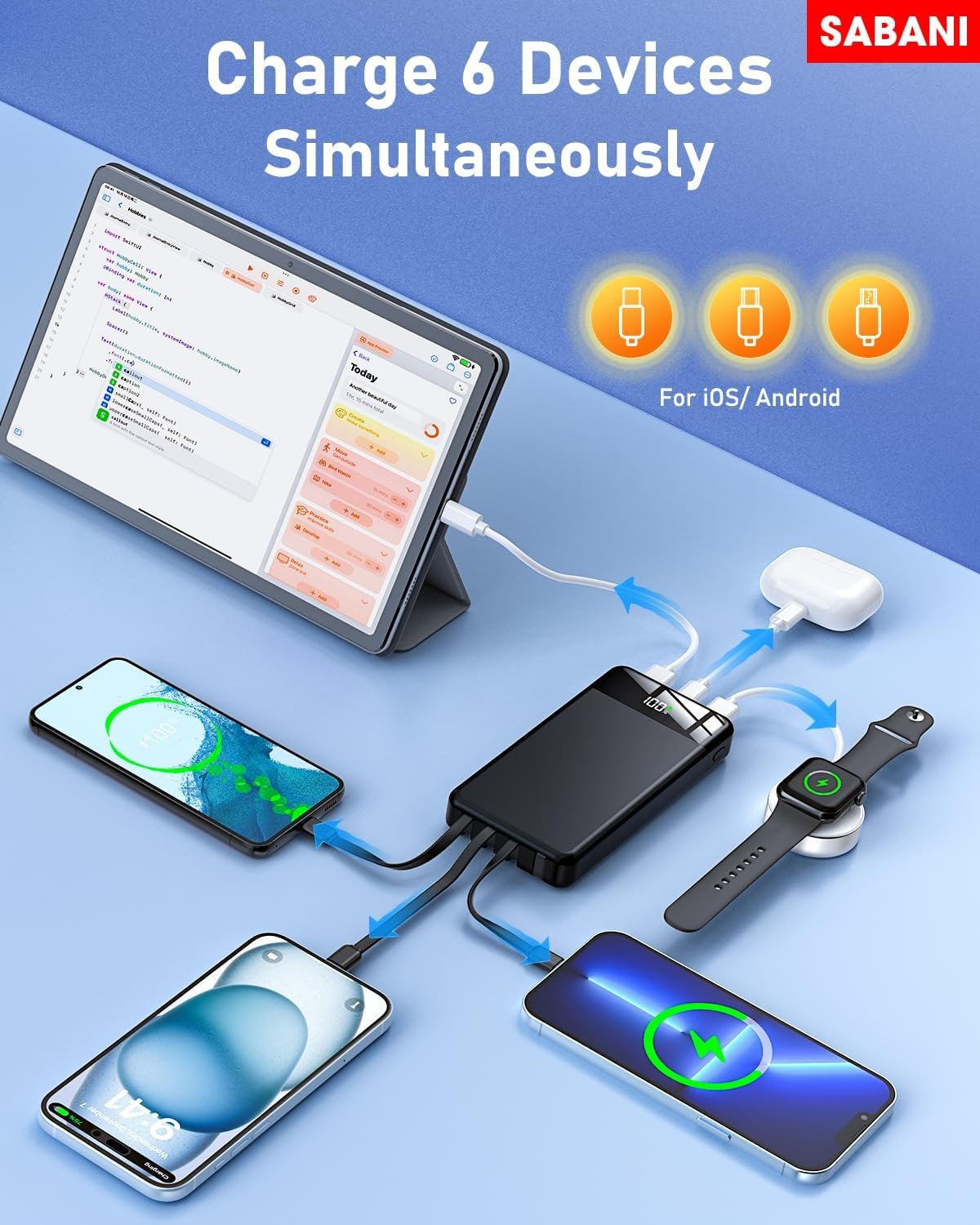 SABANI Portable Charger 35000mAh Power Bank - Portable Battery with 4 Built in Cables, 22.5W Fast Charging Battery Pack Compatible with iPhone 16 15 14 13 Samsung Android Phone etc (1 Pack, Black) - Image 6