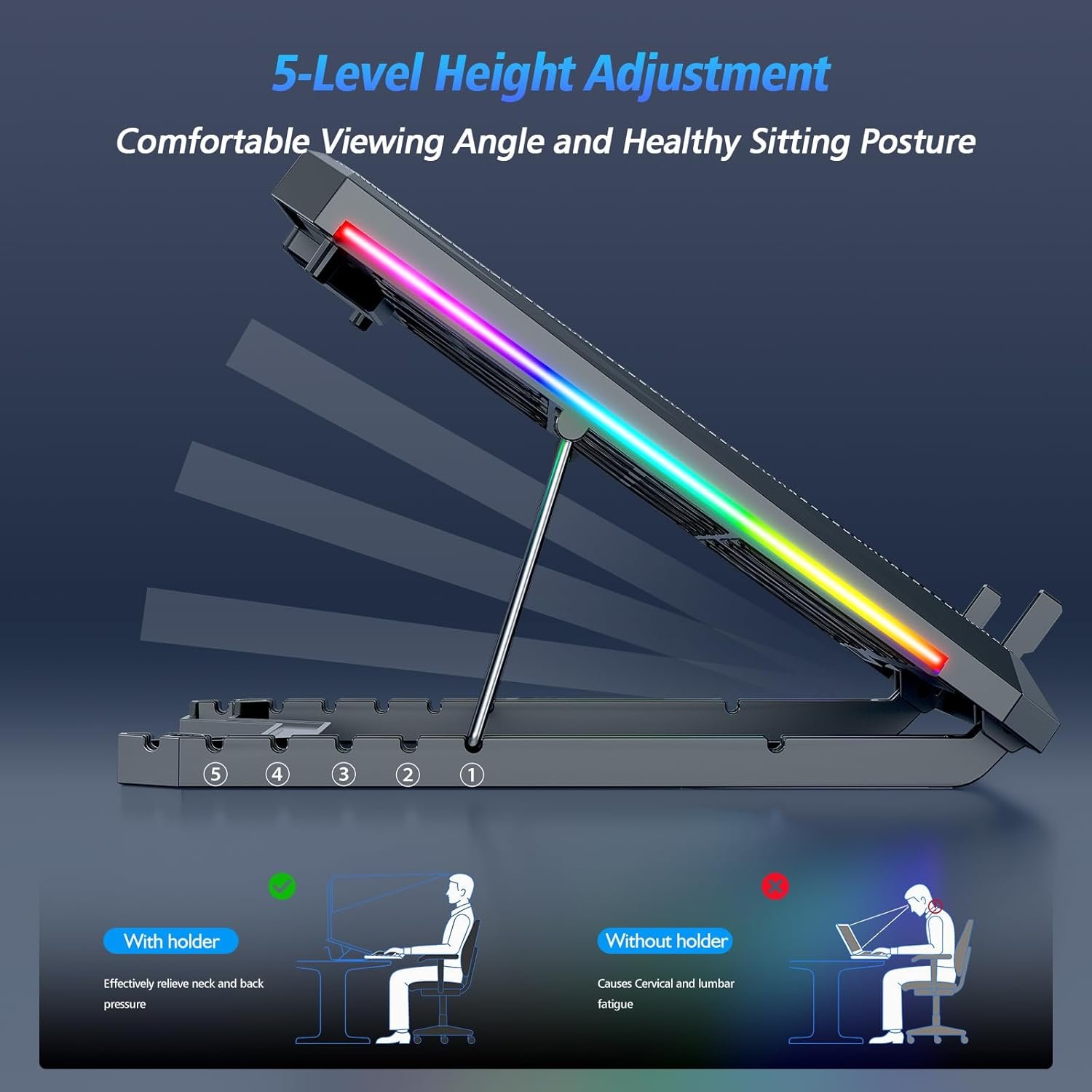 Laptop Cooling Pad with 12 Quiet Fans, Slim Portable for 12-17.3 Inch Laptop Cooler Stand with 5 Height Adjustable, Ergonomic Gaming Cooling Fan Pad with Two USB Ports & Phone Holder (Gear) - Image 5