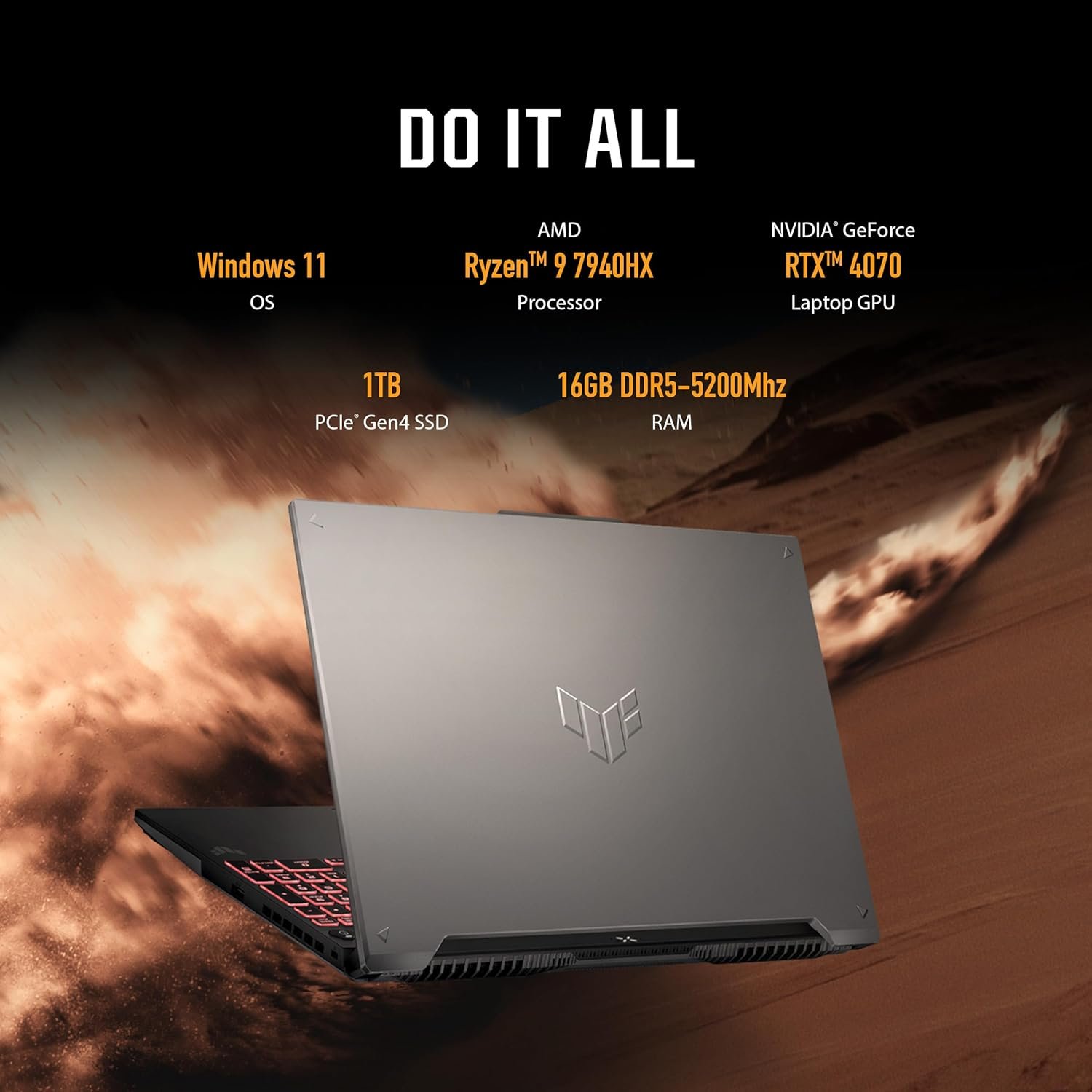 ASUS TUF Gaming A16 (2024) Gaming Laptop, 16” QHD+ 165Hz 16:10 Display, AMD Ryzen™ 9 7940HX, NVIDIA® GeForce RTX™ 4070, 16GB DDR5, 1TB PCIe Gen4 SSD, Wi-Fi 6, Windows 11, FA607PI-AS94 - Image 3
