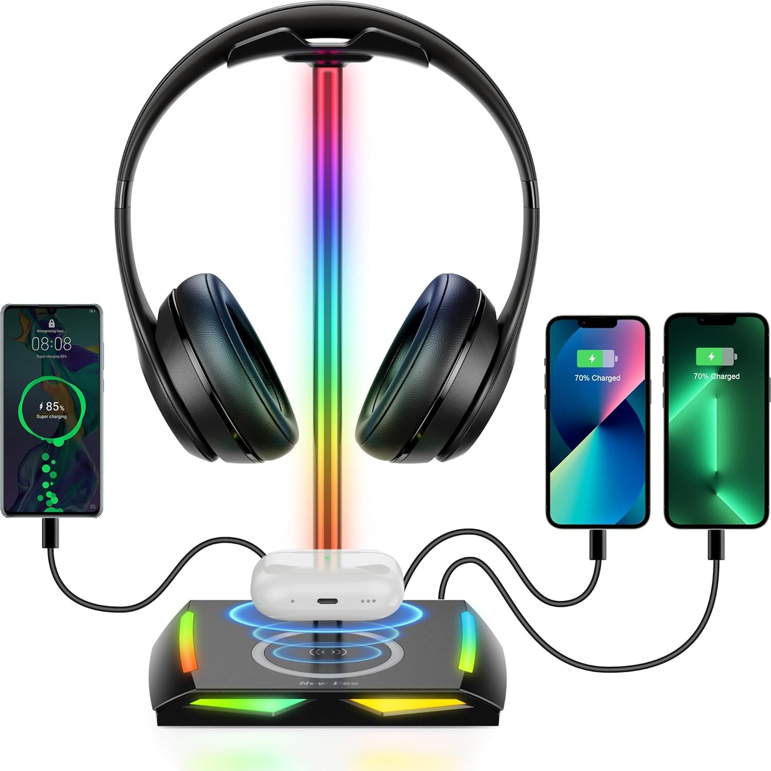 New bee RGB Headphone Stand with 2 USB-C & 1 USB Charging Ports, Desk Gaming Headset Holder with 7 Light Modes and Non-Slip Rubber Base Suitable for All Earphone Accessories - Image 2