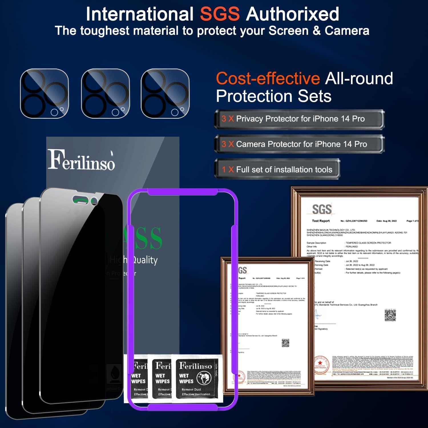 Ferilinso 3 Pack for Apple iPhone 14 Pro Privacy Screen Protector Tempered Glass Accessories 9H Anti Spy Privacy Screen for iPhone 14 Pro 3 Pack Camera Lens Protector Case Friendly - Image 4