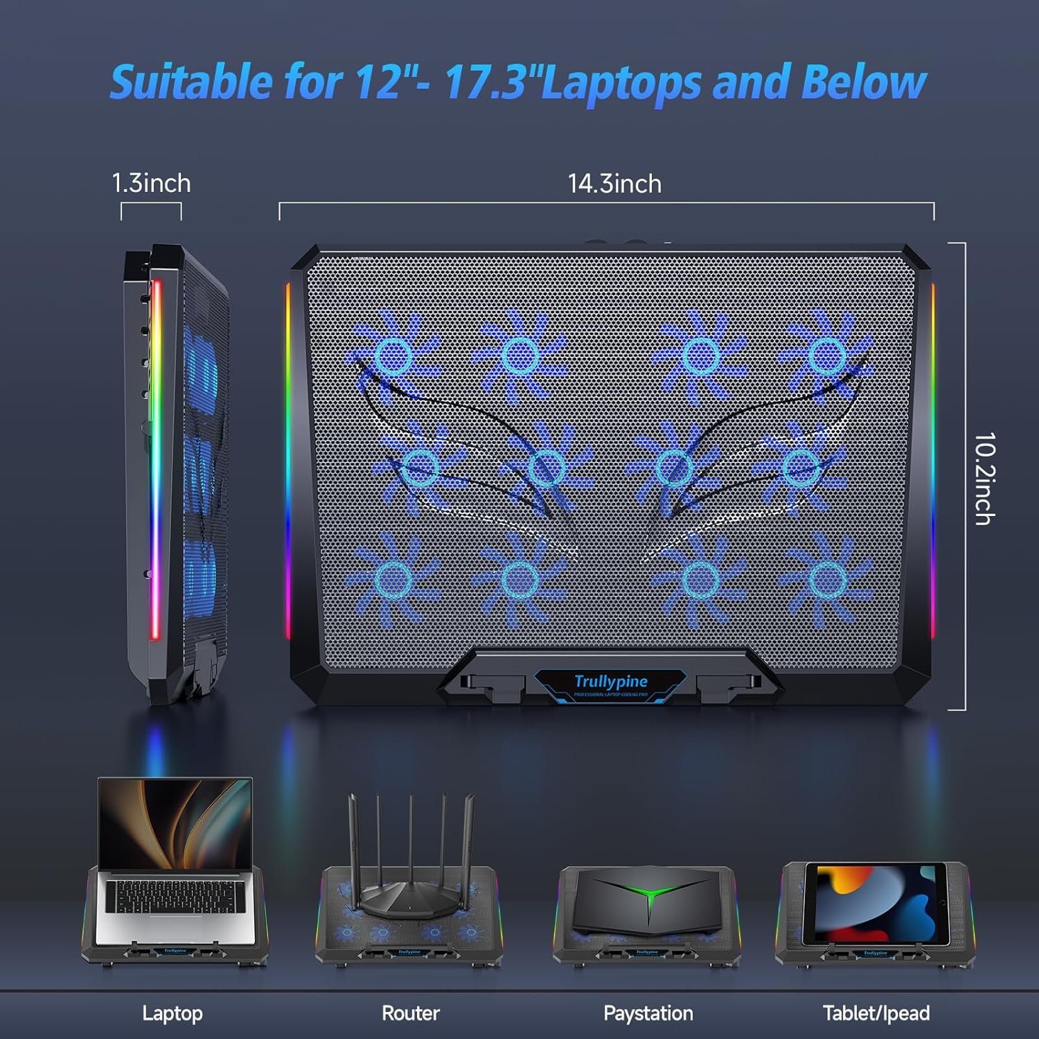 Laptop Cooling Pad with 12 Quiet Fans, Slim Portable for 12-17.3 Inch Laptop Cooler Stand with 5 Height Adjustable, Ergonomic Gaming Cooling Fan Pad with Two USB Ports & Phone Holder (Gear) - Image 3